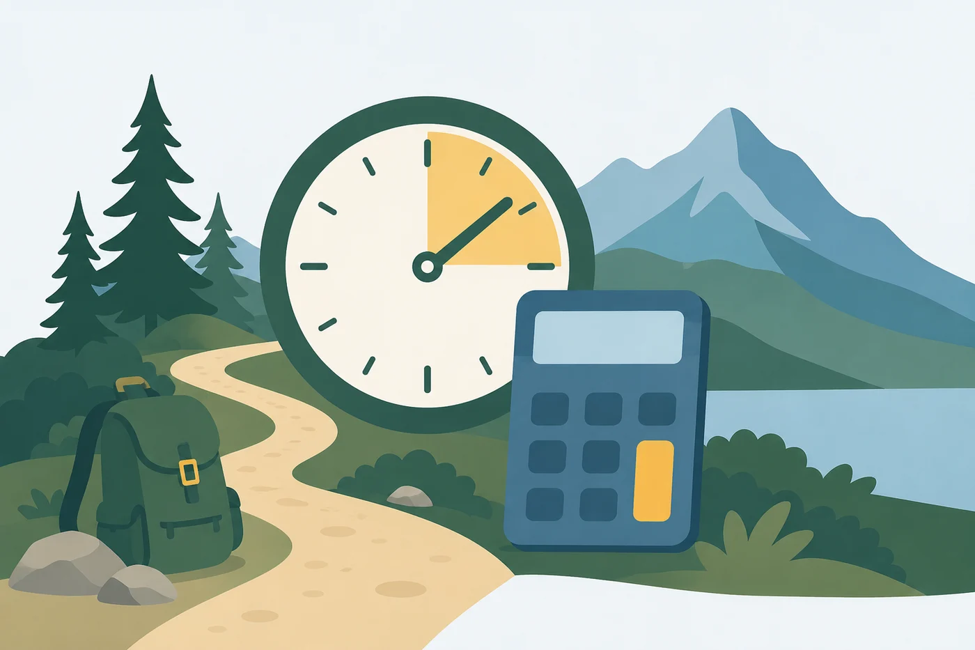 Illustration of a mountain trail with a clock and calculator